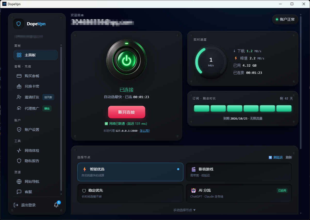 DopeVpn 桌面端已连接：下载 1.2 MB/s，峰值 2.2 MB/s，延迟 131 ms